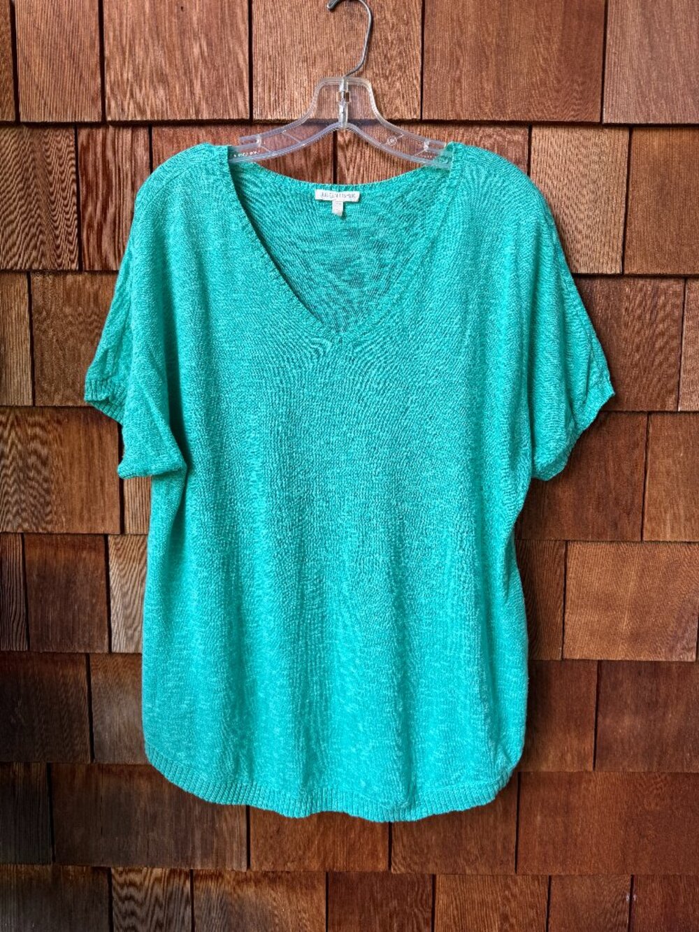 Eileen Fisher V-Neck Teal Cotton/Linen Slub Knit Linen Top in Women's X-Large